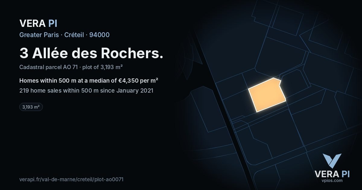 3 Allée des Rochers, Créteil at night – the plot lit, the parcels around coloured by the prices near them