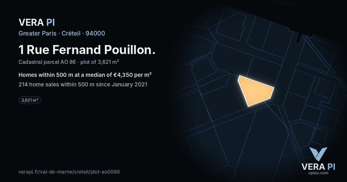 1 Rue Fernand Pouillon, Créteil at night – the plot lit, the parcels around coloured by the prices near them