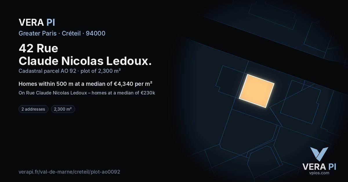 42 Rue Claude Nicolas Ledoux, Créteil at night – the plot lit, the parcels around coloured by the prices near them