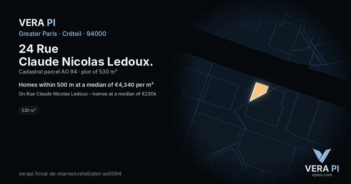 24 Rue Claude Nicolas Ledoux, Créteil at night – the plot lit, the parcels around coloured by the prices near them