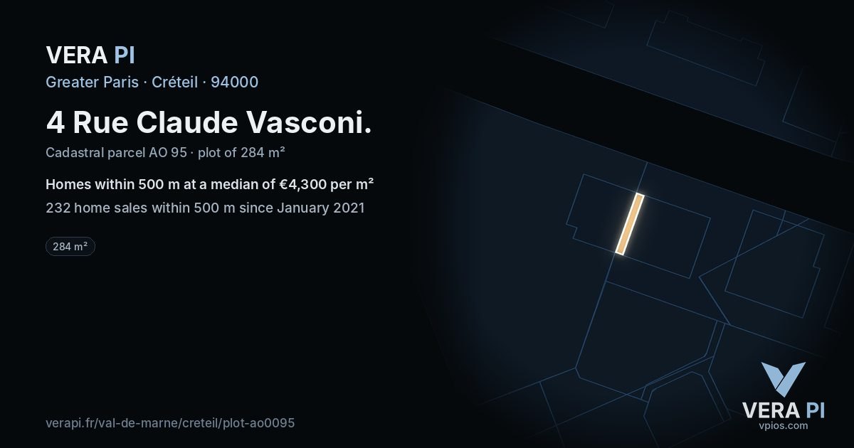 4 Rue Claude Vasconi, Créteil at night – the plot lit, the parcels around coloured by the prices near them