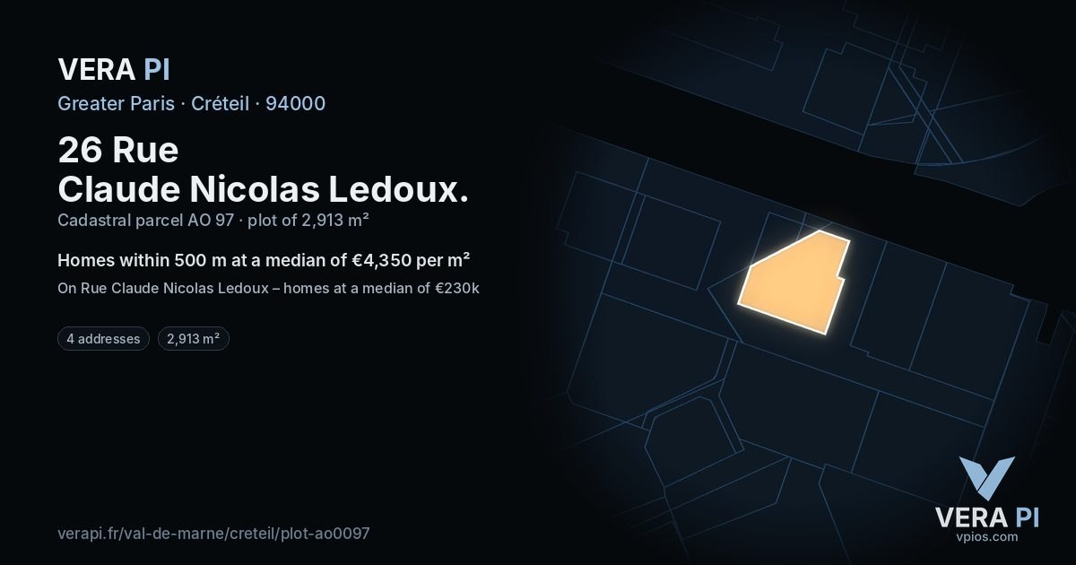 26 Rue Claude Nicolas Ledoux, Créteil at night – the plot lit, the parcels around coloured by the prices near them