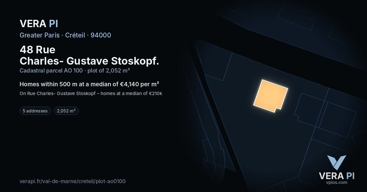 48 Rue Charles- Gustave Stoskopf, Créteil at night – the plot lit, the parcels around coloured by the prices near them