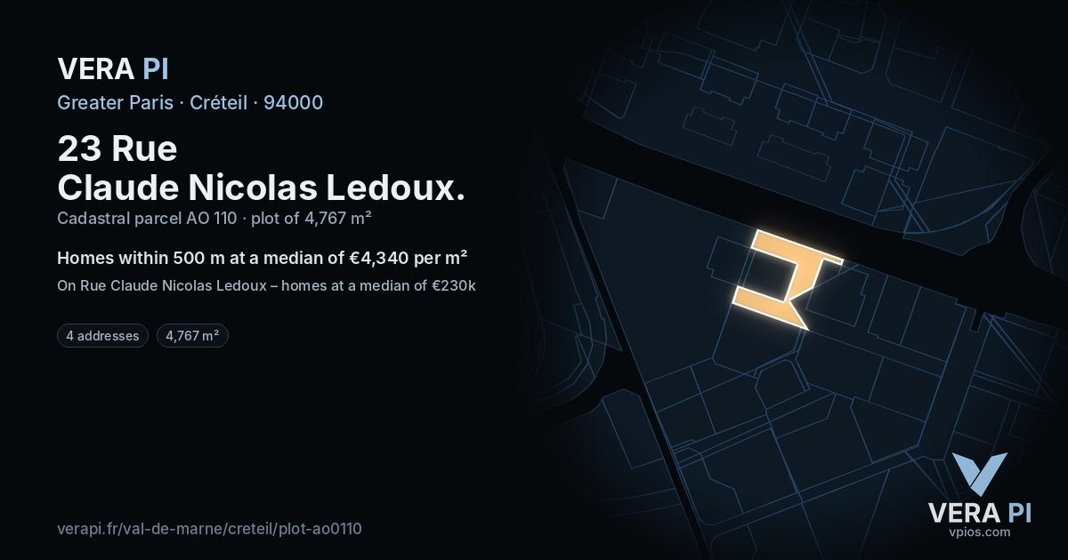 23 Rue Claude Nicolas Ledoux, Créteil at night – the plot lit, the parcels around coloured by the prices near them