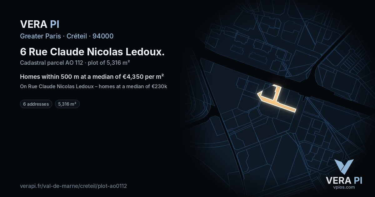 6 Rue Claude Nicolas Ledoux, Créteil at night – the plot lit, the parcels around coloured by the prices near them