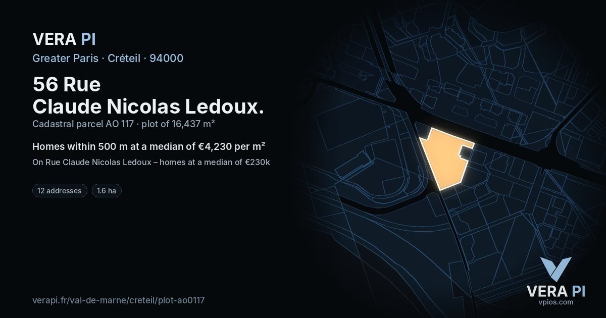 56 Rue Claude Nicolas Ledoux, Créteil at night – the plot lit, the parcels around coloured by the prices near them