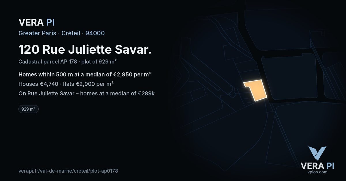 120 Rue Juliette Savar, Créteil at night – the plot lit, the parcels around coloured by the prices near them