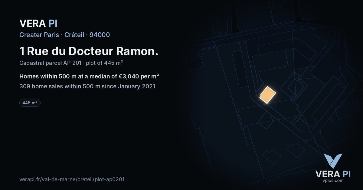 1 Rue du Docteur Ramon, Créteil at night – the plot lit, the parcels around coloured by the prices near them