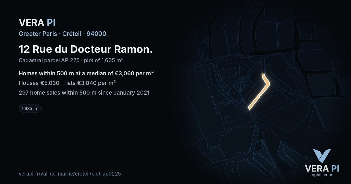 12 Rue du Docteur Ramon, Créteil at night – the plot lit, the parcels around coloured by the prices near them