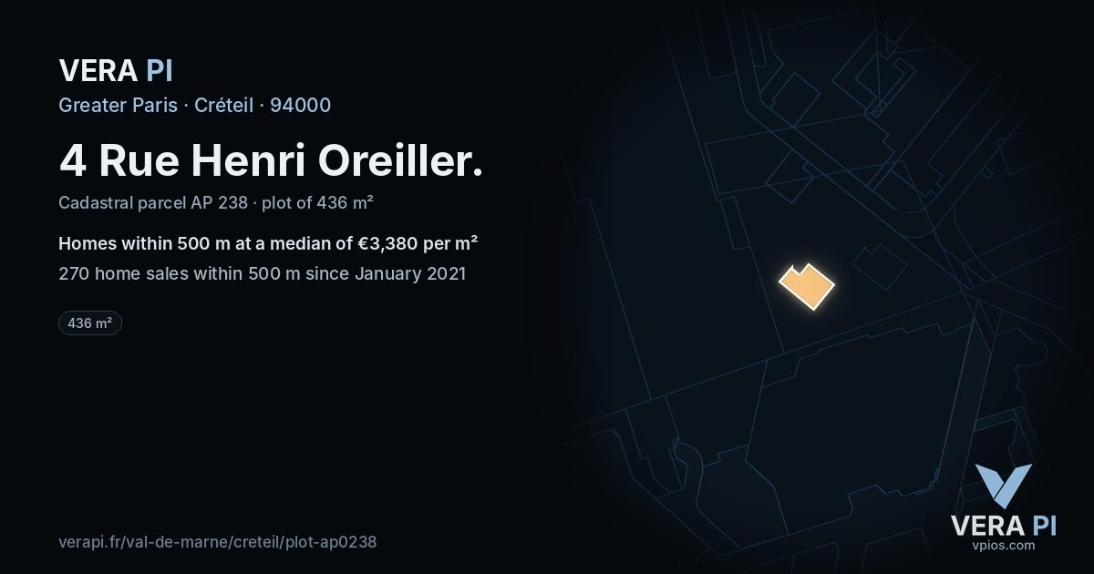 4 Rue Henri Oreiller, Créteil at night – the plot lit, the parcels around coloured by the prices near them