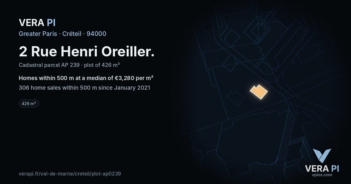 2 Rue Henri Oreiller, Créteil at night – the plot lit, the parcels around coloured by the prices near them