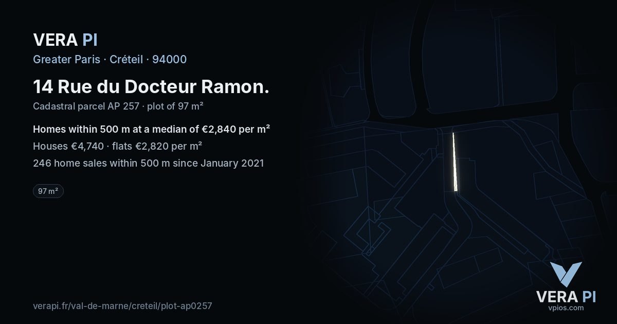 14 Rue du Docteur Ramon, Créteil at night – the plot lit, the parcels around coloured by the prices near them