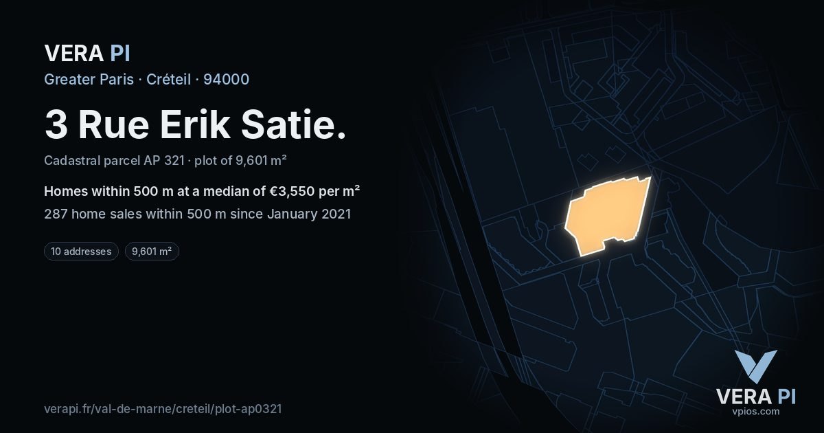 3 Rue Erik Satie, Créteil at night – the plot lit, the parcels around coloured by the prices near them