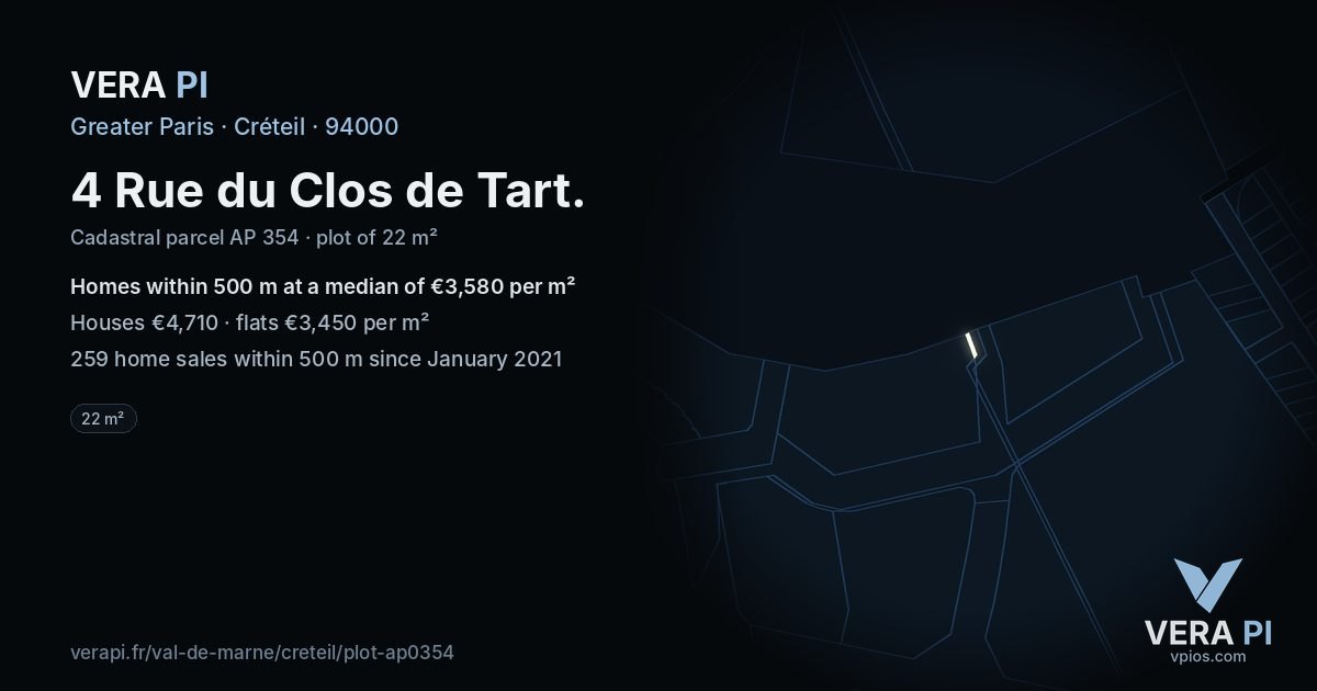 4 Rue du Clos de Tart, Créteil at night – the plot lit, the parcels around coloured by the prices near them