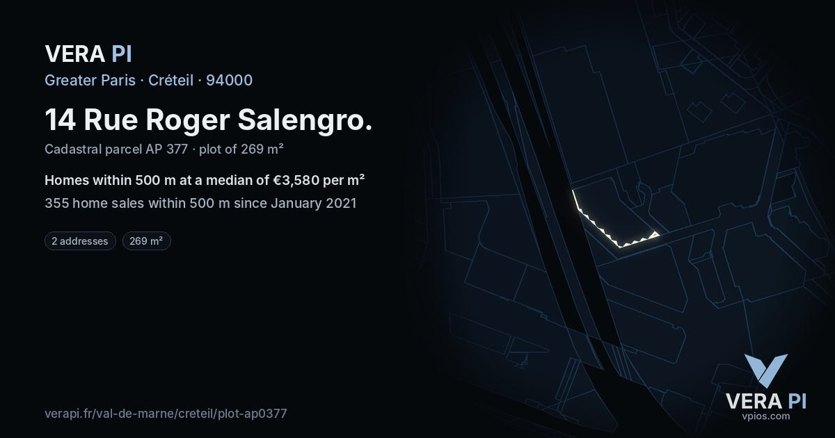 14 Rue Roger Salengro, Créteil at night – the plot lit, the parcels around coloured by the prices near them