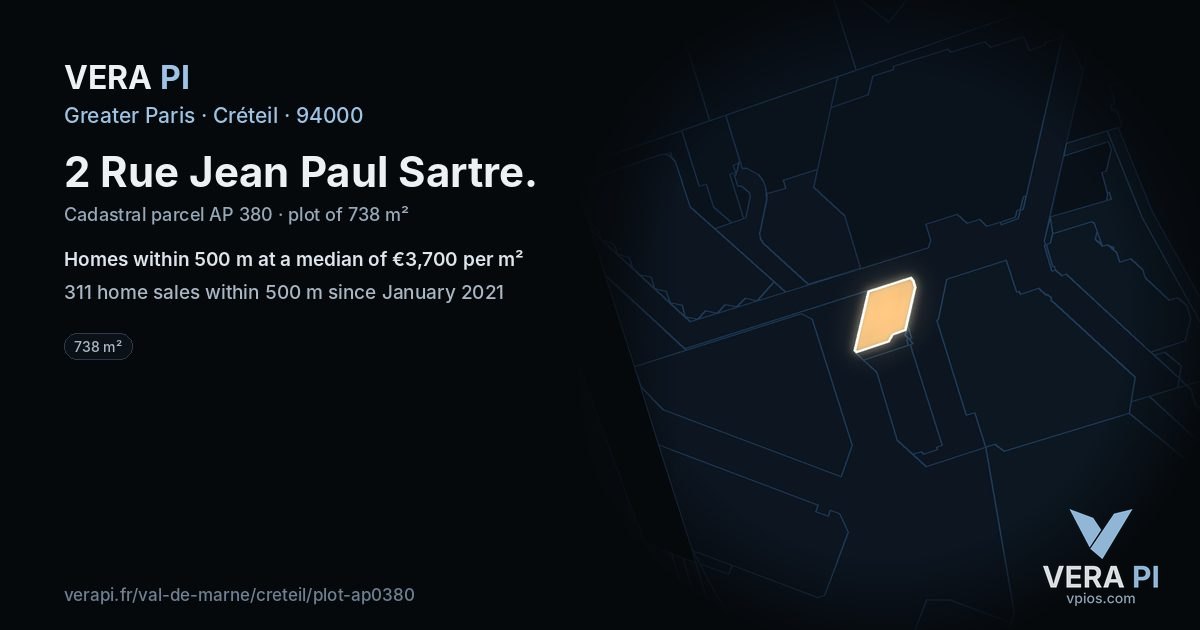 2 Rue Jean Paul Sartre, Créteil at night – the plot lit, the parcels around coloured by the prices near them