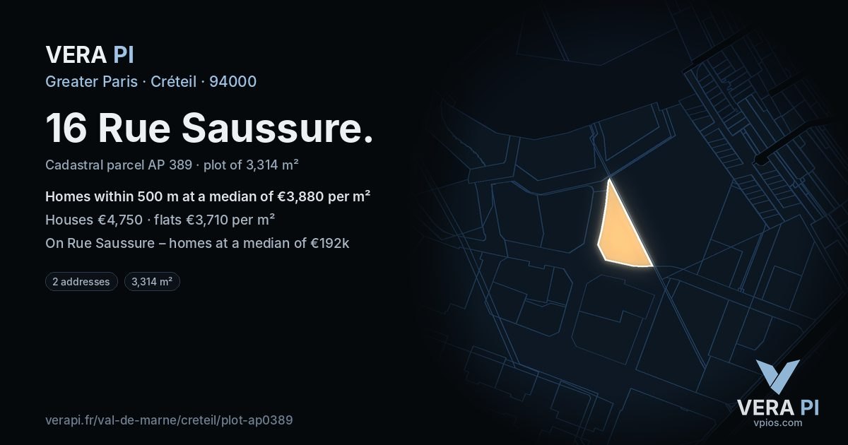 16 Rue Saussure, Créteil at night – the plot lit, the parcels around coloured by the prices near them