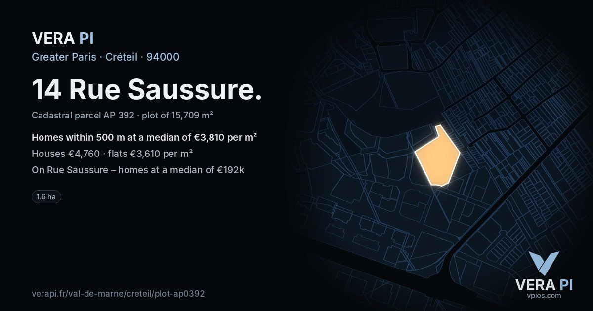 14 Rue Saussure, Créteil at night – the plot lit, the parcels around coloured by the prices near them