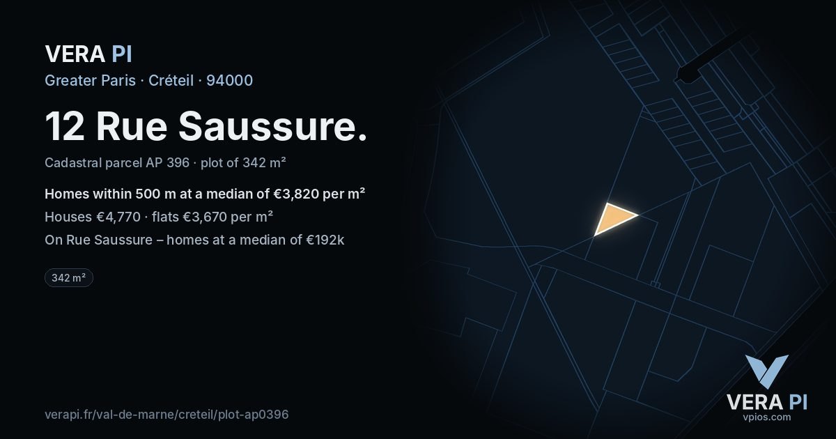 12 Rue Saussure, Créteil at night – the plot lit, the parcels around coloured by the prices near them