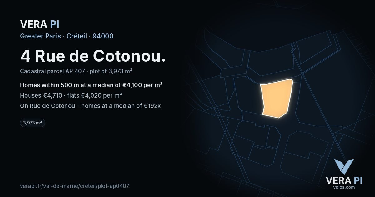 4 Rue de Cotonou, Créteil at night – the plot lit, the parcels around coloured by the prices near them
