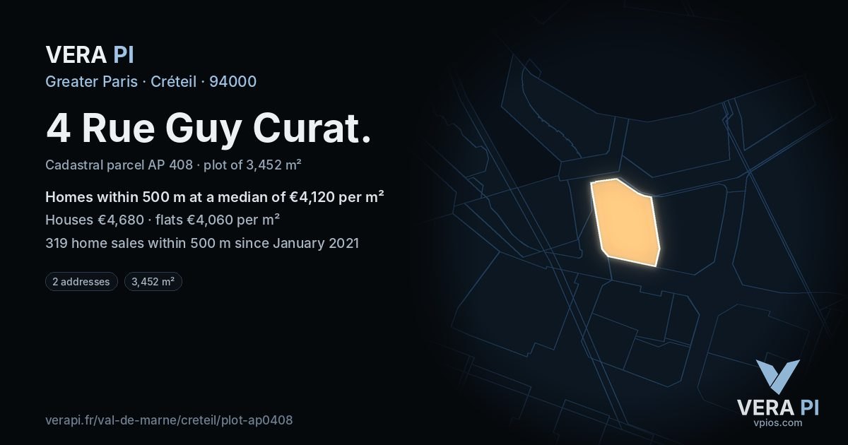 4 Rue Guy Curat, Créteil at night – the plot lit, the parcels around coloured by the prices near them