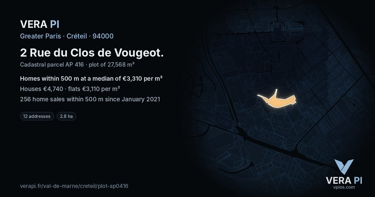 2 Rue du Clos de Vougeot, Créteil at night – the plot lit, the parcels around coloured by the prices near them