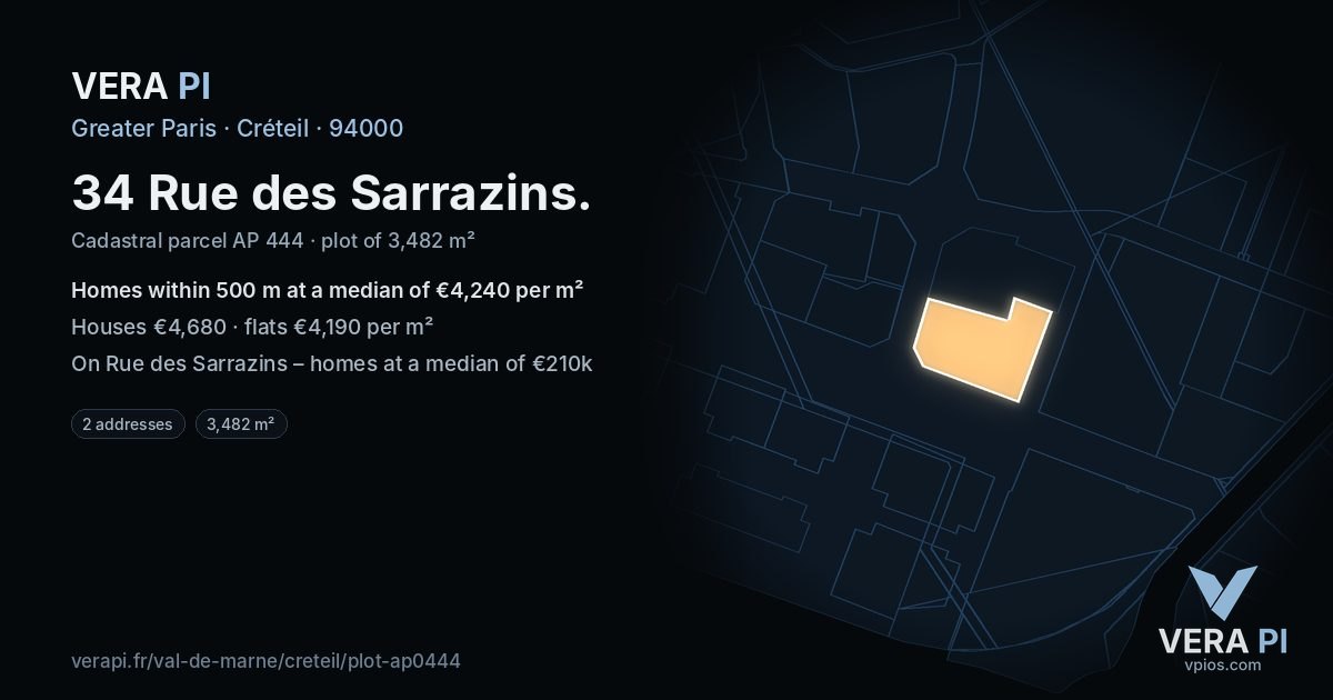34 Rue des Sarrazins, Créteil at night – the plot lit, the parcels around coloured by the prices near them