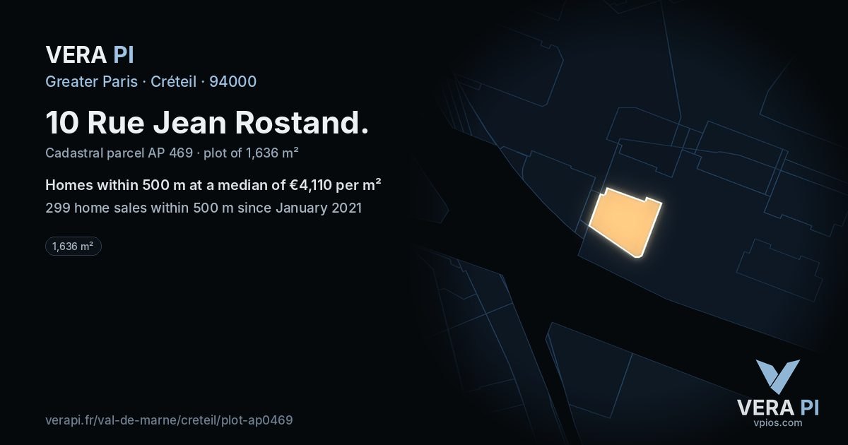 10 Rue Jean Rostand, Créteil at night – the plot lit, the parcels around coloured by the prices near them