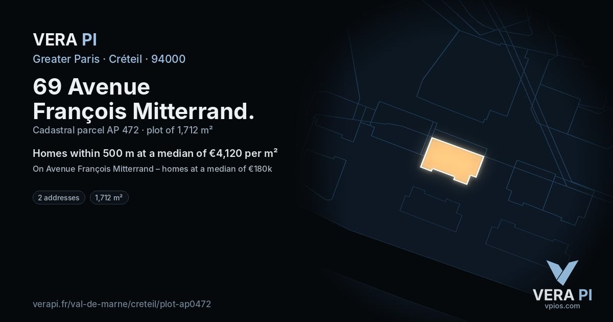69 Avenue François Mitterrand, Créteil at night – the plot lit, the parcels around coloured by the prices near them