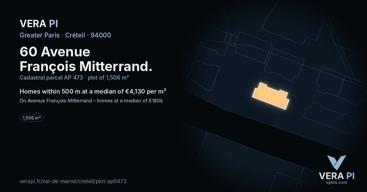 60 Avenue François Mitterrand, Créteil at night – the plot lit, the parcels around coloured by the prices near them