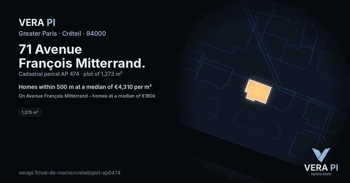71 Avenue François Mitterrand, Créteil at night – the plot lit, the parcels around coloured by the prices near them