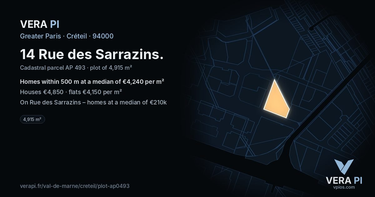 14 Rue des Sarrazins, Créteil at night – the plot lit, the parcels around coloured by the prices near them