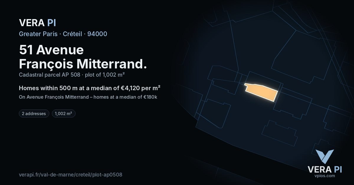 51 Avenue François Mitterrand, Créteil at night – the plot lit, the parcels around coloured by the prices near them