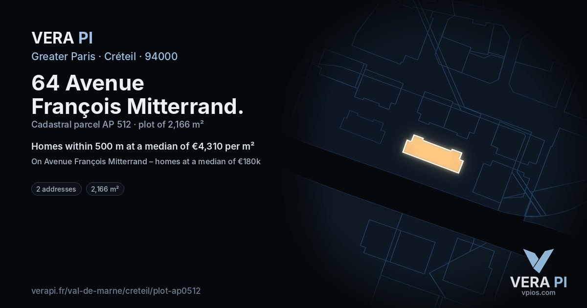 64 Avenue François Mitterrand, Créteil at night – the plot lit, the parcels around coloured by the prices near them