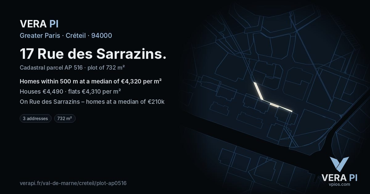 17 Rue des Sarrazins, Créteil at night – the plot lit, the parcels around coloured by the prices near them