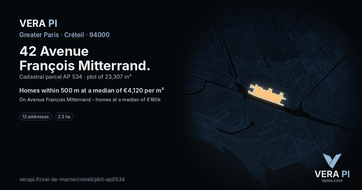 42 Avenue François Mitterrand, Créteil at night – the plot lit, the parcels around coloured by the prices near them