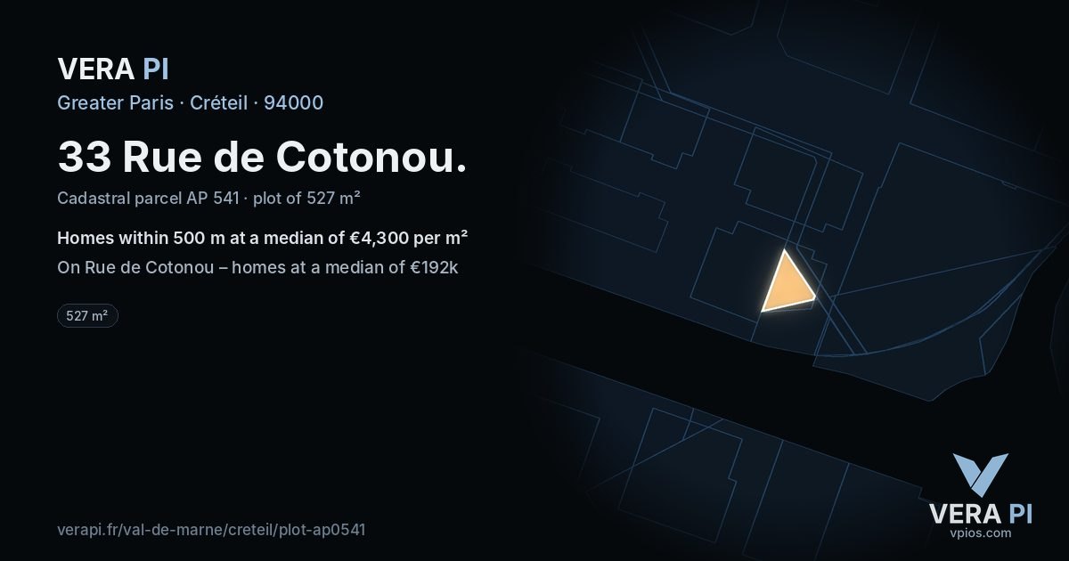 33 Rue de Cotonou, Créteil at night – the plot lit, the parcels around coloured by the prices near them