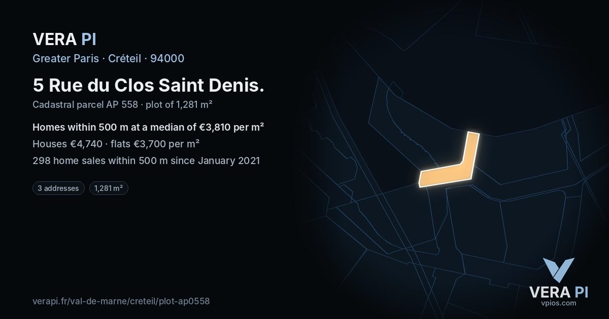 5 Rue du Clos Saint Denis, Créteil at night – the plot lit, the parcels around coloured by the prices near them