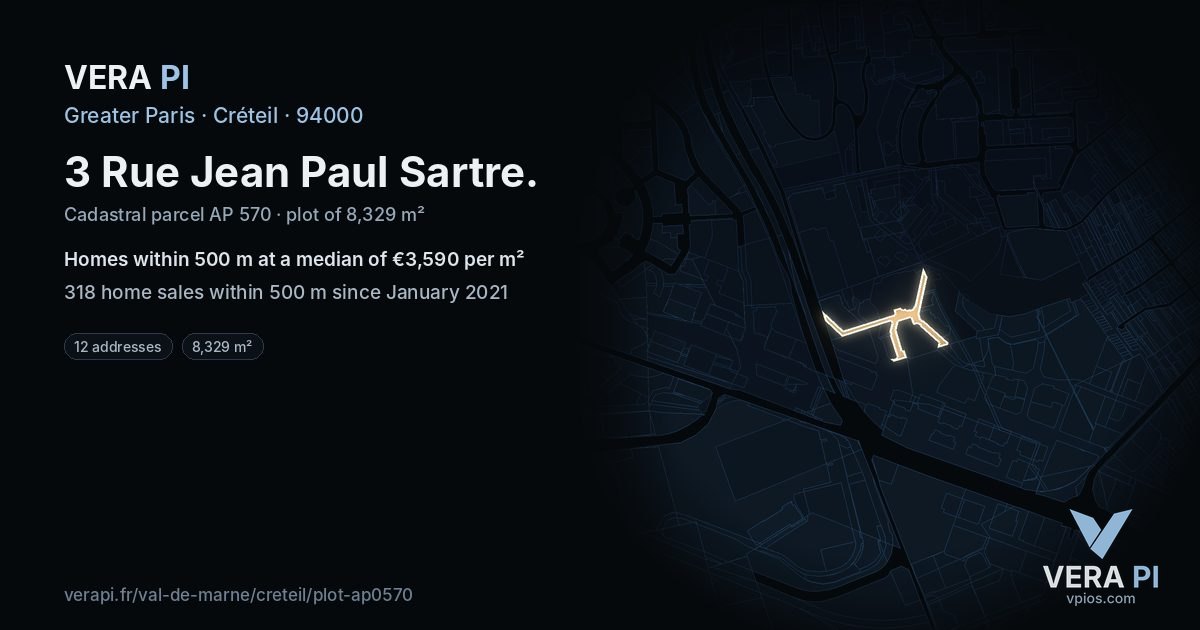 3 Rue Jean Paul Sartre, Créteil at night – the plot lit, the parcels around coloured by the prices near them