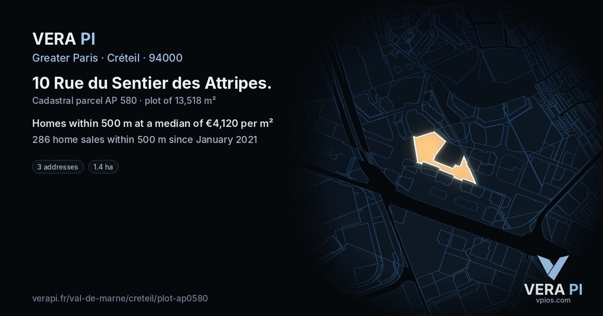 10 Rue du Sentier des Attripes, Créteil at night – the plot lit, the parcels around coloured by the prices near them