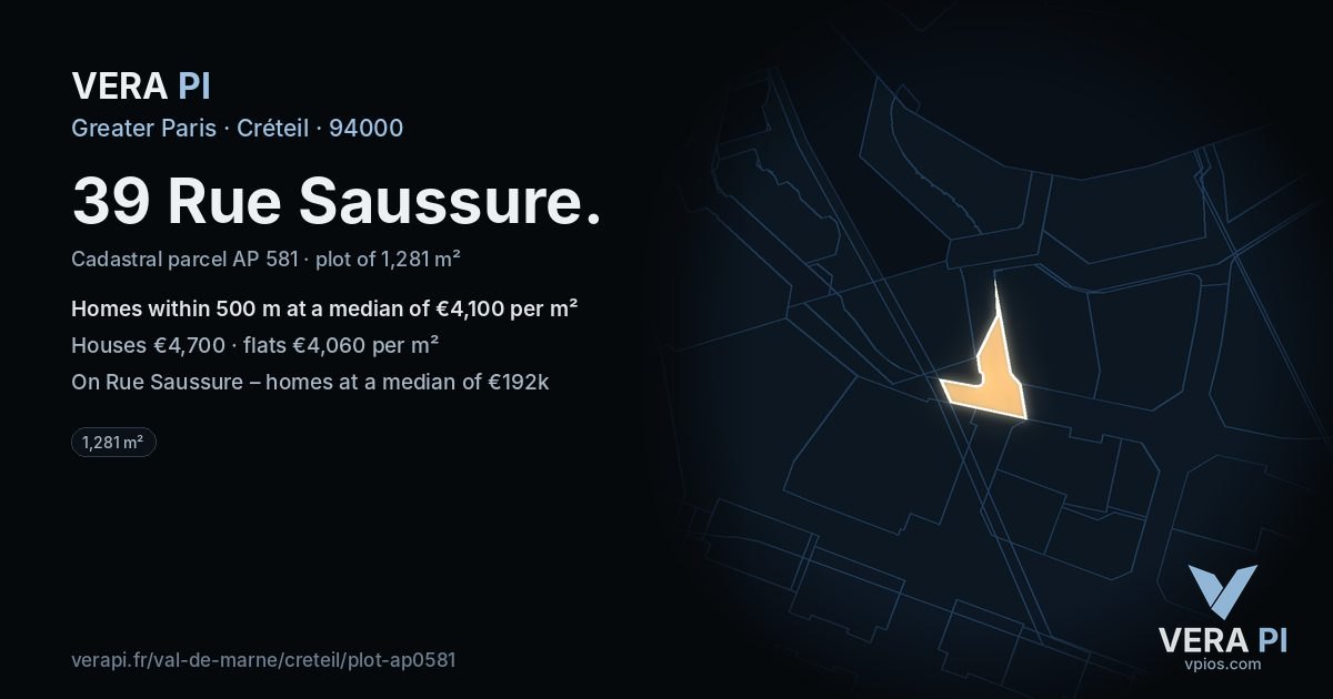 39 Rue Saussure, Créteil at night – the plot lit, the parcels around coloured by the prices near them
