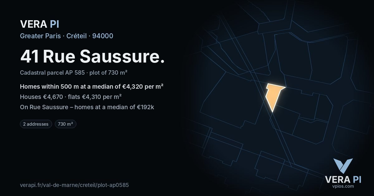 41 Rue Saussure, Créteil at night – the plot lit, the parcels around coloured by the prices near them