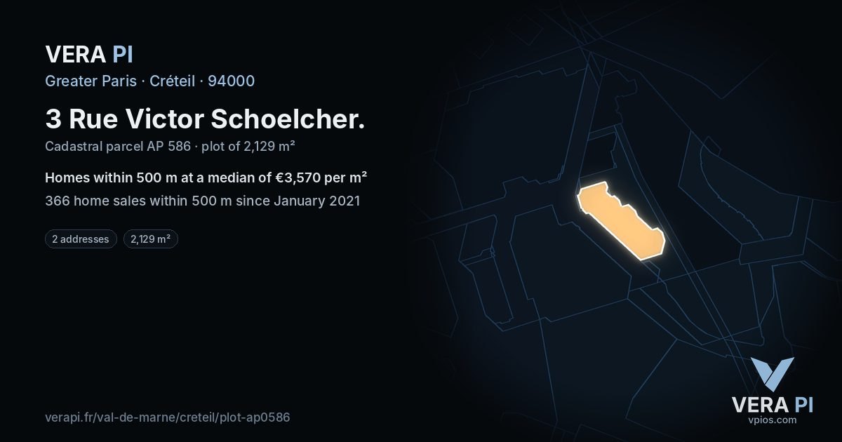 3 Rue Victor Schoelcher, Créteil at night – the plot lit, the parcels around coloured by the prices near them