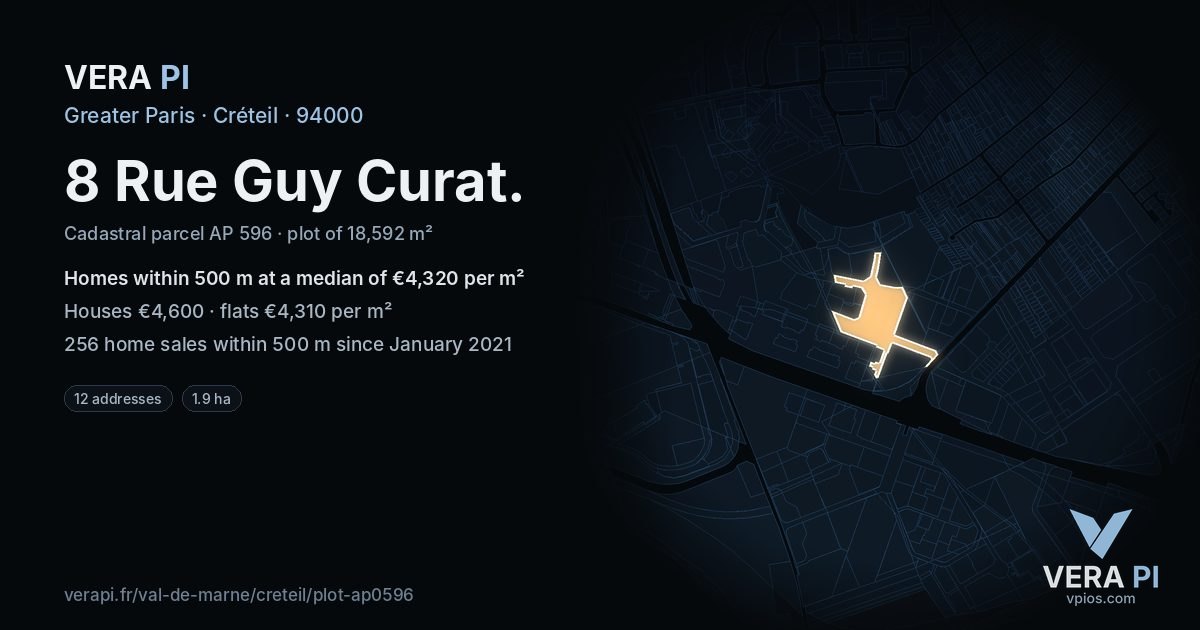 8 Rue Guy Curat, Créteil at night – the plot lit, the parcels around coloured by the prices near them