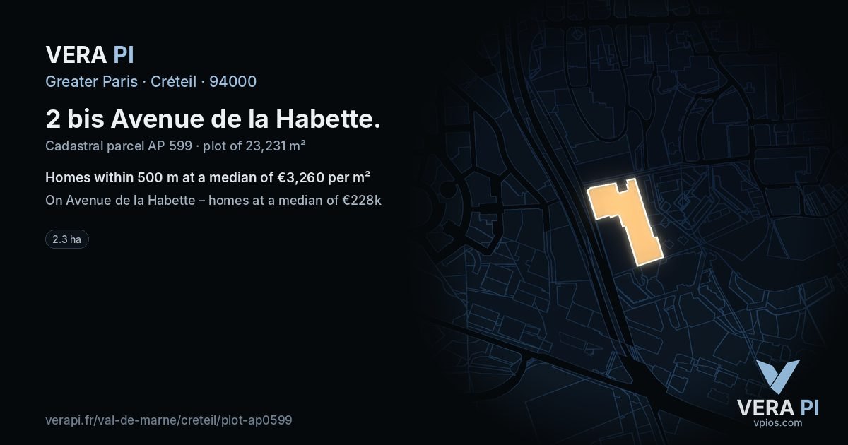 2 bis Avenue de la Habette, Créteil at night – the plot lit, the parcels around coloured by the prices near them