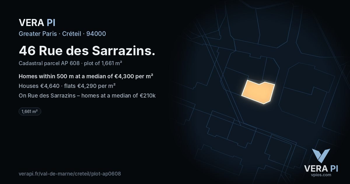 46 Rue des Sarrazins, Créteil at night – the plot lit, the parcels around coloured by the prices near them