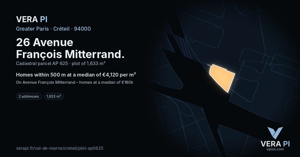 26 Avenue François Mitterrand, Créteil at night – the plot lit, the parcels around coloured by the prices near them