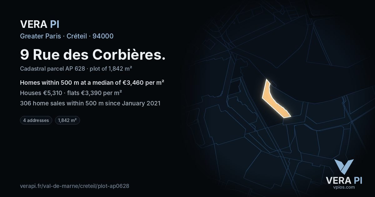 9 Rue des Corbières, Créteil at night – the plot lit, the parcels around coloured by the prices near them