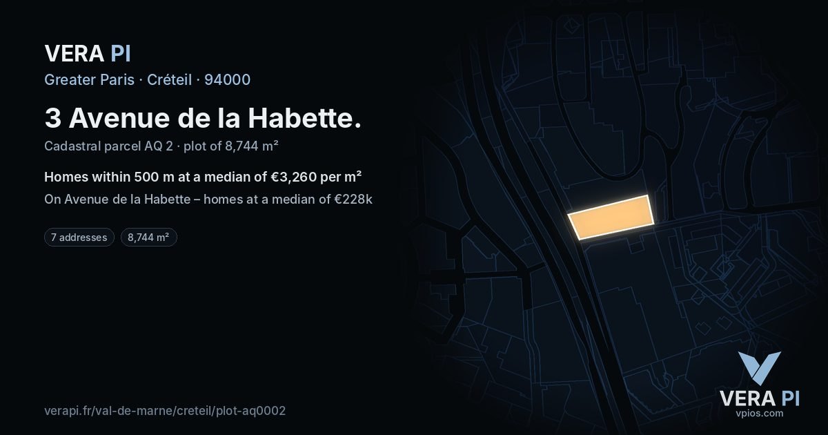 3 Avenue de la Habette, Créteil at night – the plot lit, the parcels around coloured by the prices near them