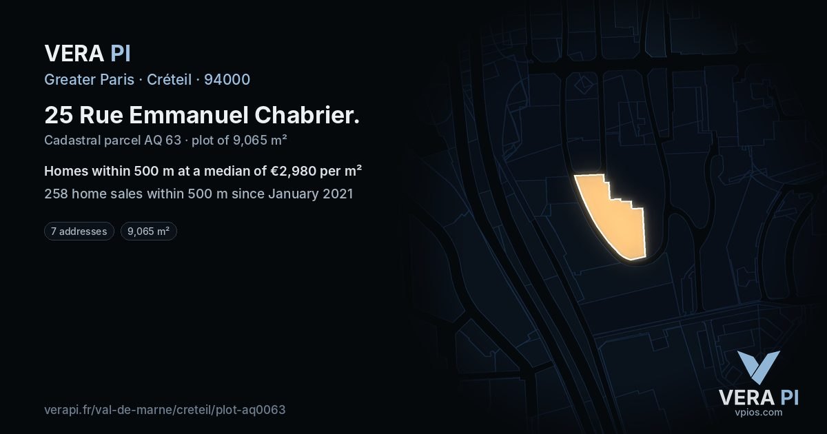 25 Rue Emmanuel Chabrier, Créteil at night – the plot lit, the parcels around coloured by the prices near them